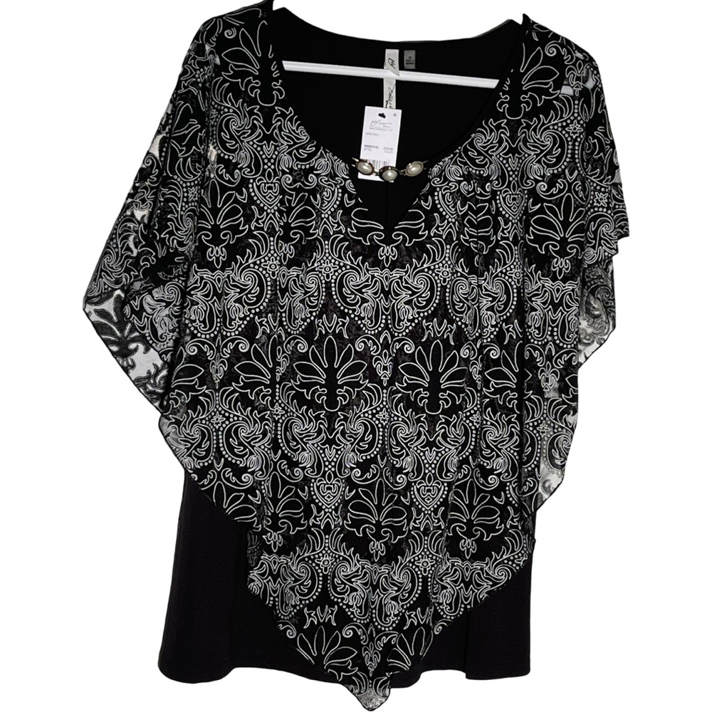 NWT-NY Collection Woman Black V-neck poncho w/ attached jewels &under layer 1X